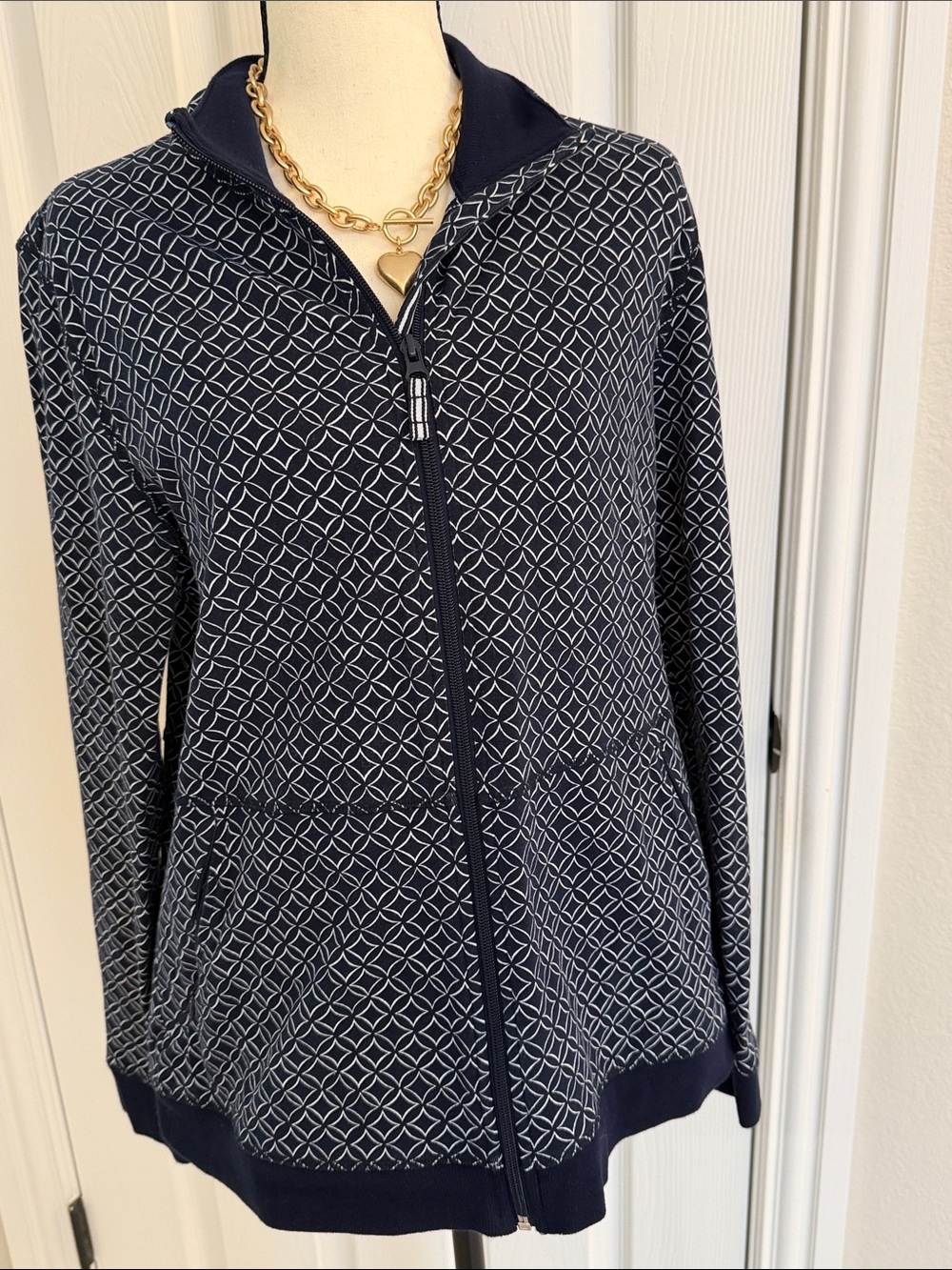 Talbots Navy Geometric Zip-Front Women's Jacket
